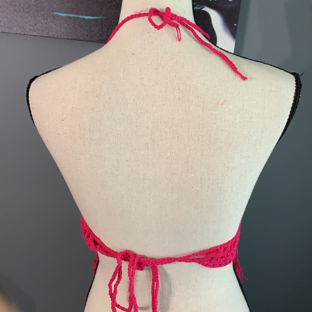 Fuchsia Raspberry Fringe Hem Crochet Tie Top - Picture 7 of 16